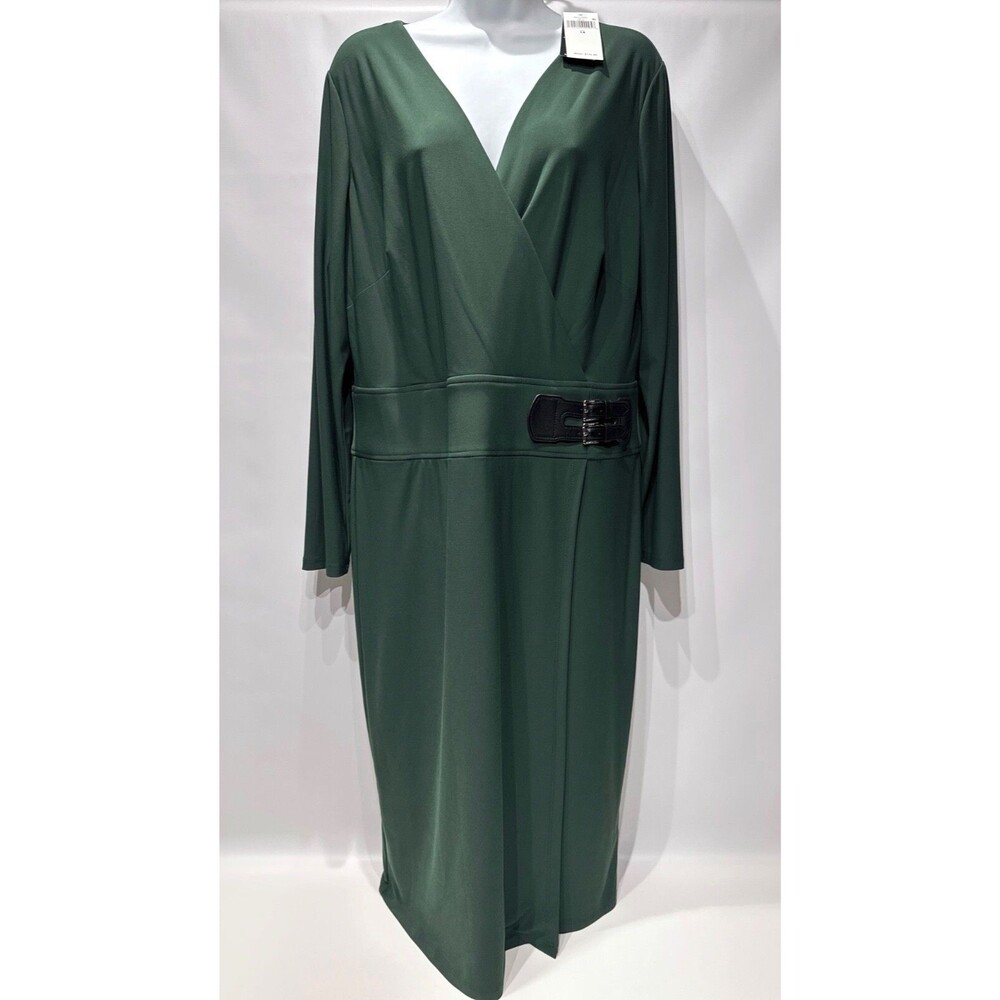NWT $145 Ralph Lauren Black Label Green Stretch Faux Wrap Dress Women Size 14